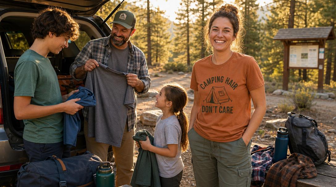 Family smiling wearing different styles of coordinated camping shirts