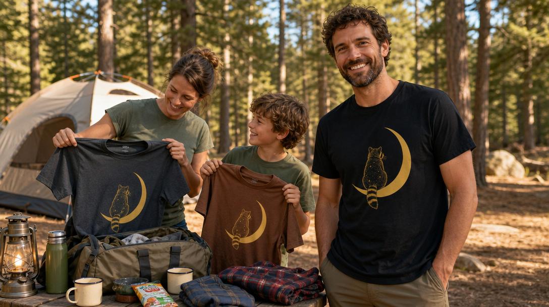 Close-up of family camping shirt designs featuring wildlife and mountains