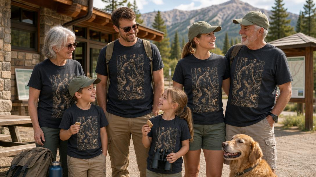 Family hiking together wearing coordinated camping shirts