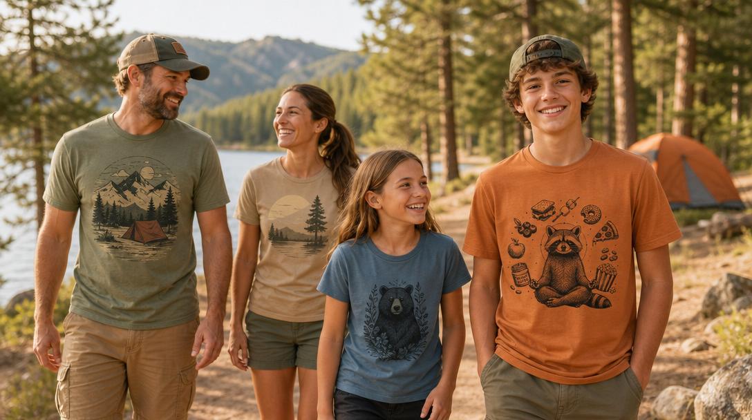 Family members wearing different camping shirts that coordinate in design