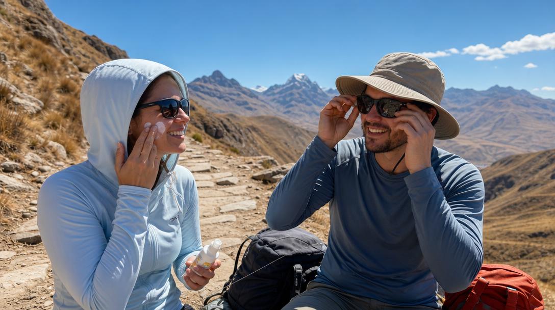 Layered hiking outfit including base shirt, fleece, and wind shell