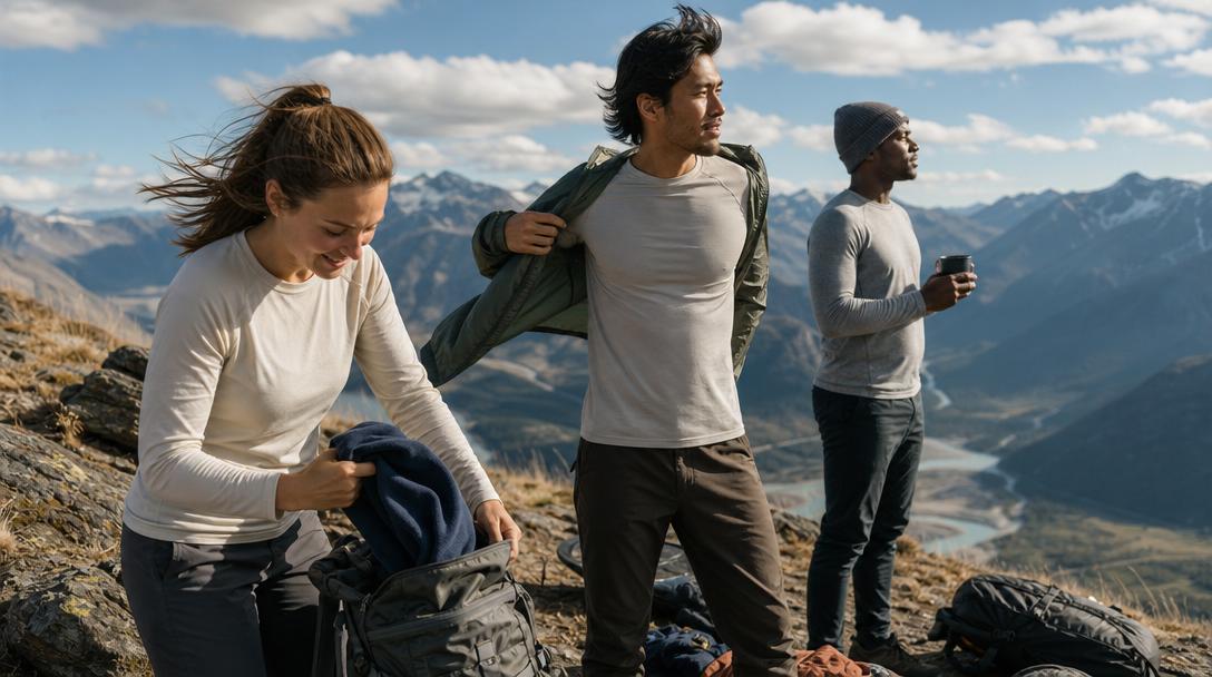 Hiker struggling with clothing mistakes in mountain terrain