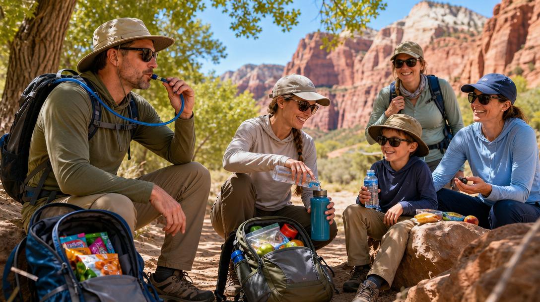 Hydration pack and water bottles for hiking