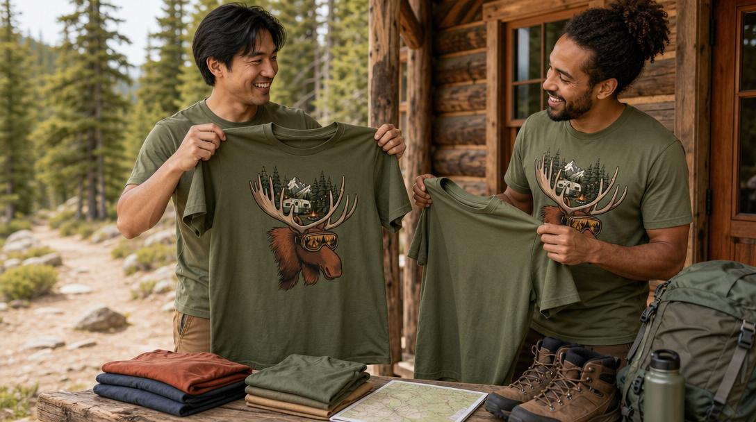 Hiker wearing a funny graphic tee in front of mountain scenery