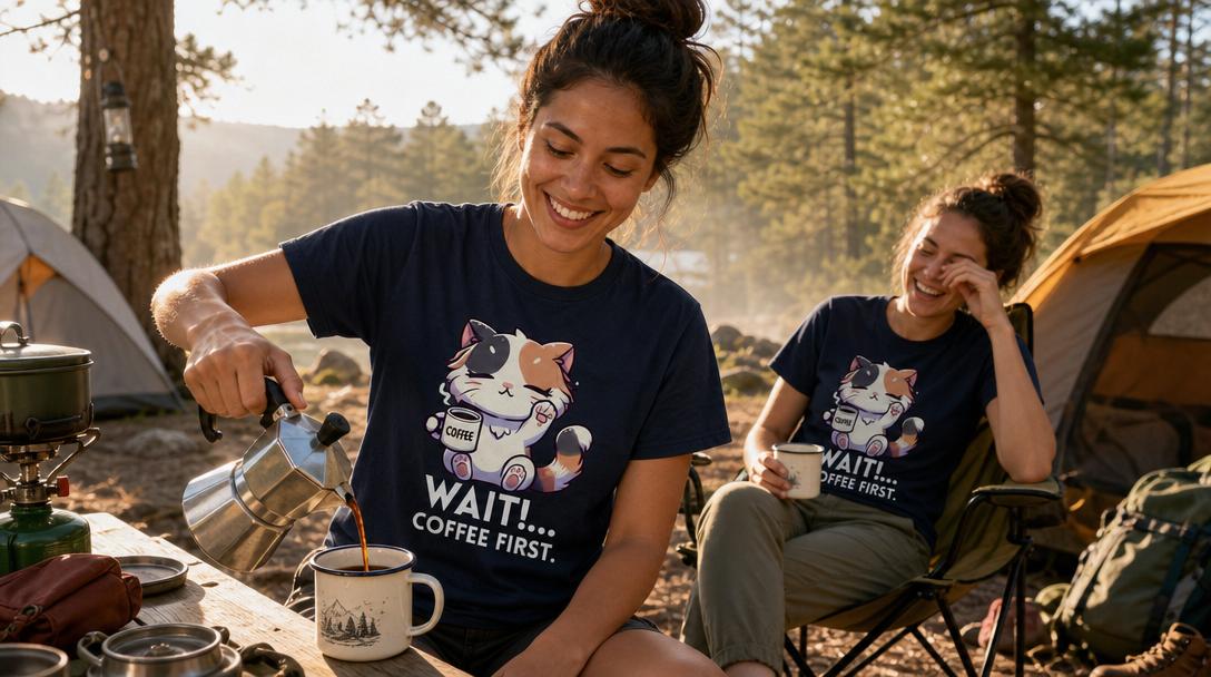 Group of hikers wearing funny trail shirts on a sunny day