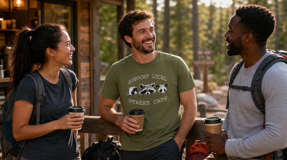 Group wearing matching funny trail shirts on a hiking trip