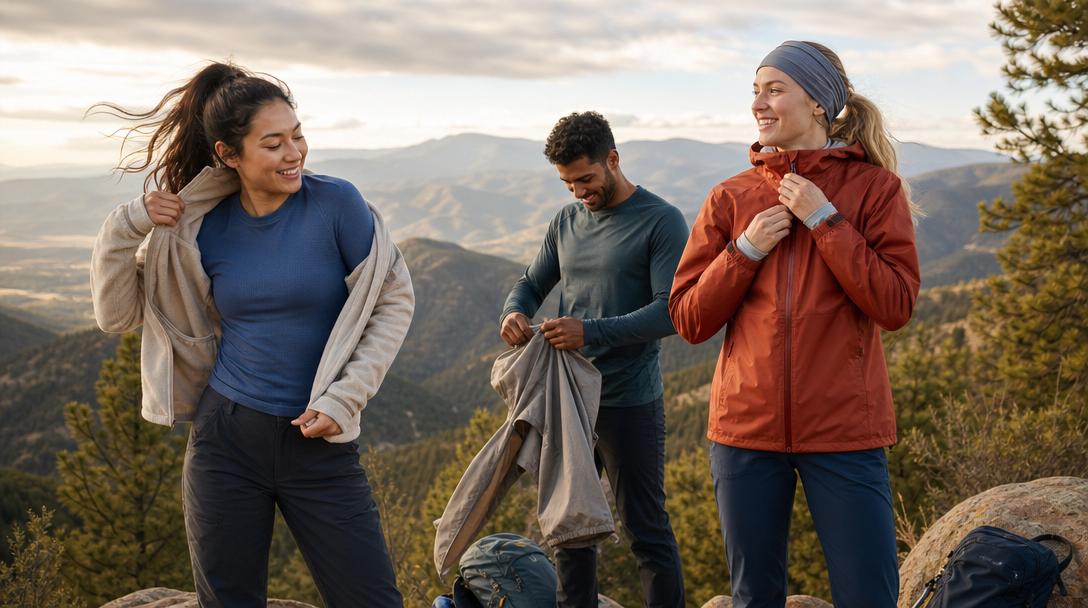 Hiking pants, shorts, and leggings laid out on trail