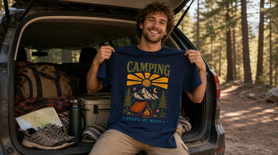Close-up of fabric texture and graphic design on a road trip tee