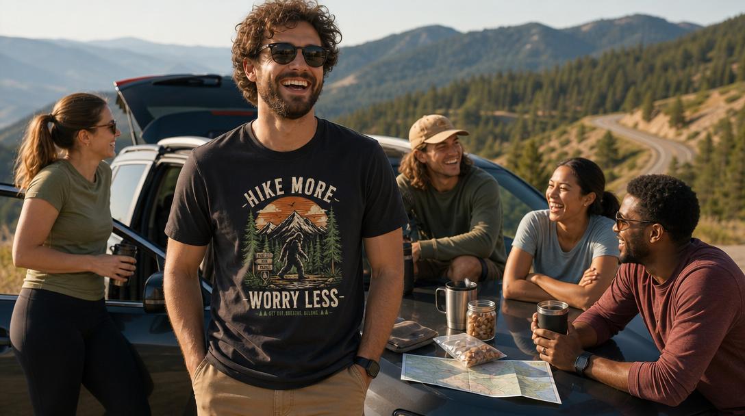 Group of friends wearing graphic tees on a road trip