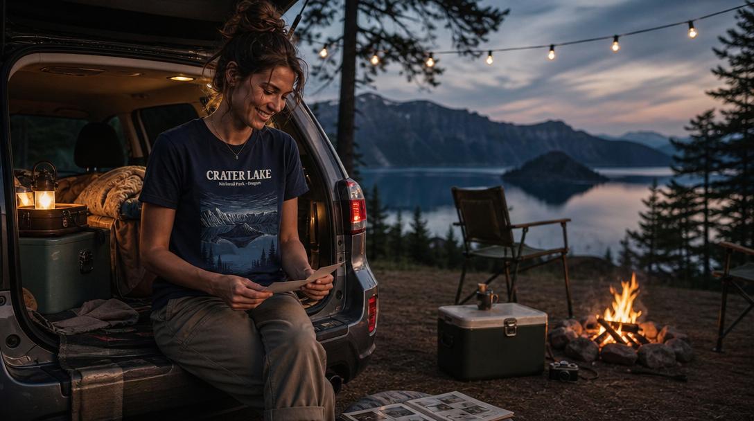 Worn road trip tee with mountain scenery in the background
