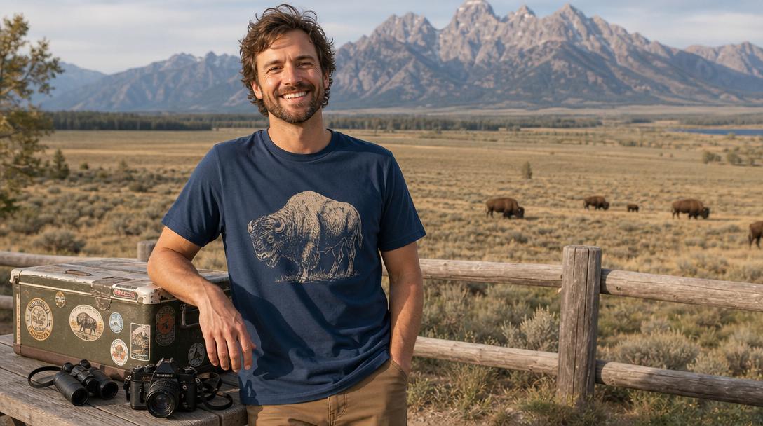 Variety of road trip themed graphic tees hanging on a rack
