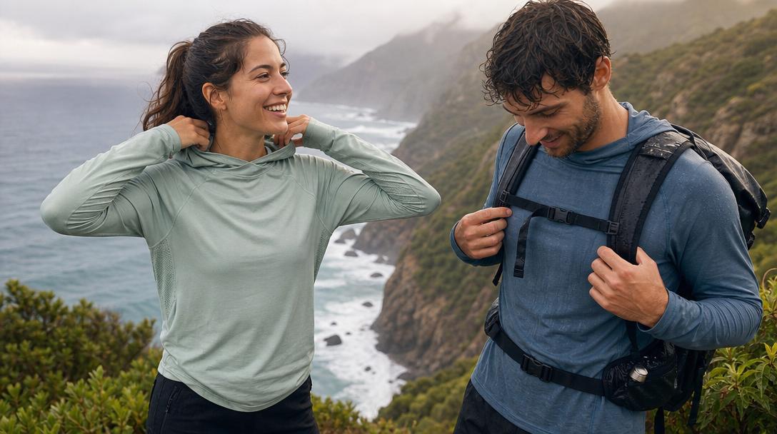 Hiking shirt features like flat seams and hoods