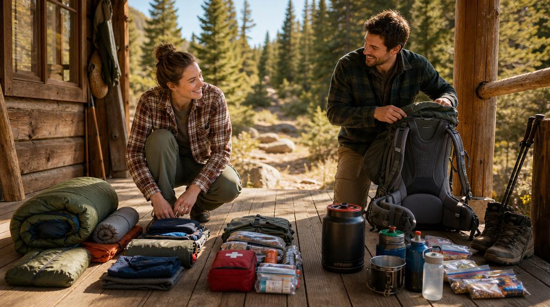 Beginner organizing hiking backpack gear before packing