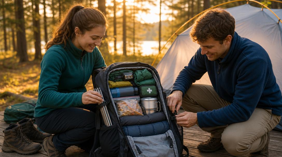 Person fitting hiking backpack with hip belt and shoulder straps