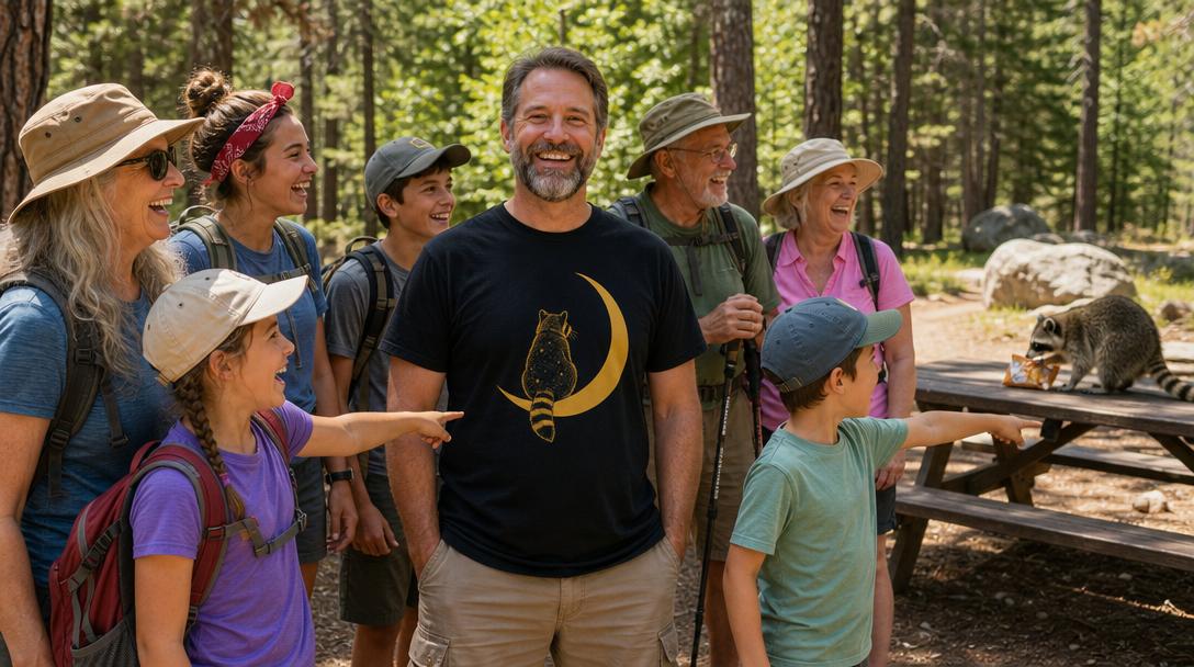 Hiker comparing funny graphic tee with technical hiking gear