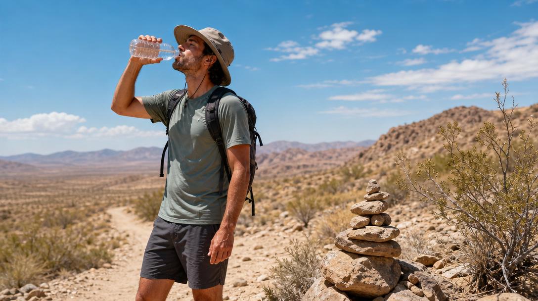 Backpacker resting in desert heat wearing lightweight shirt