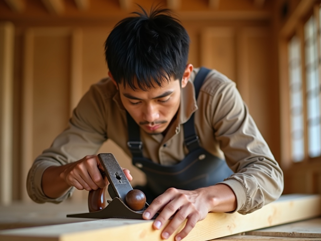 大工が木材を加工する様子
