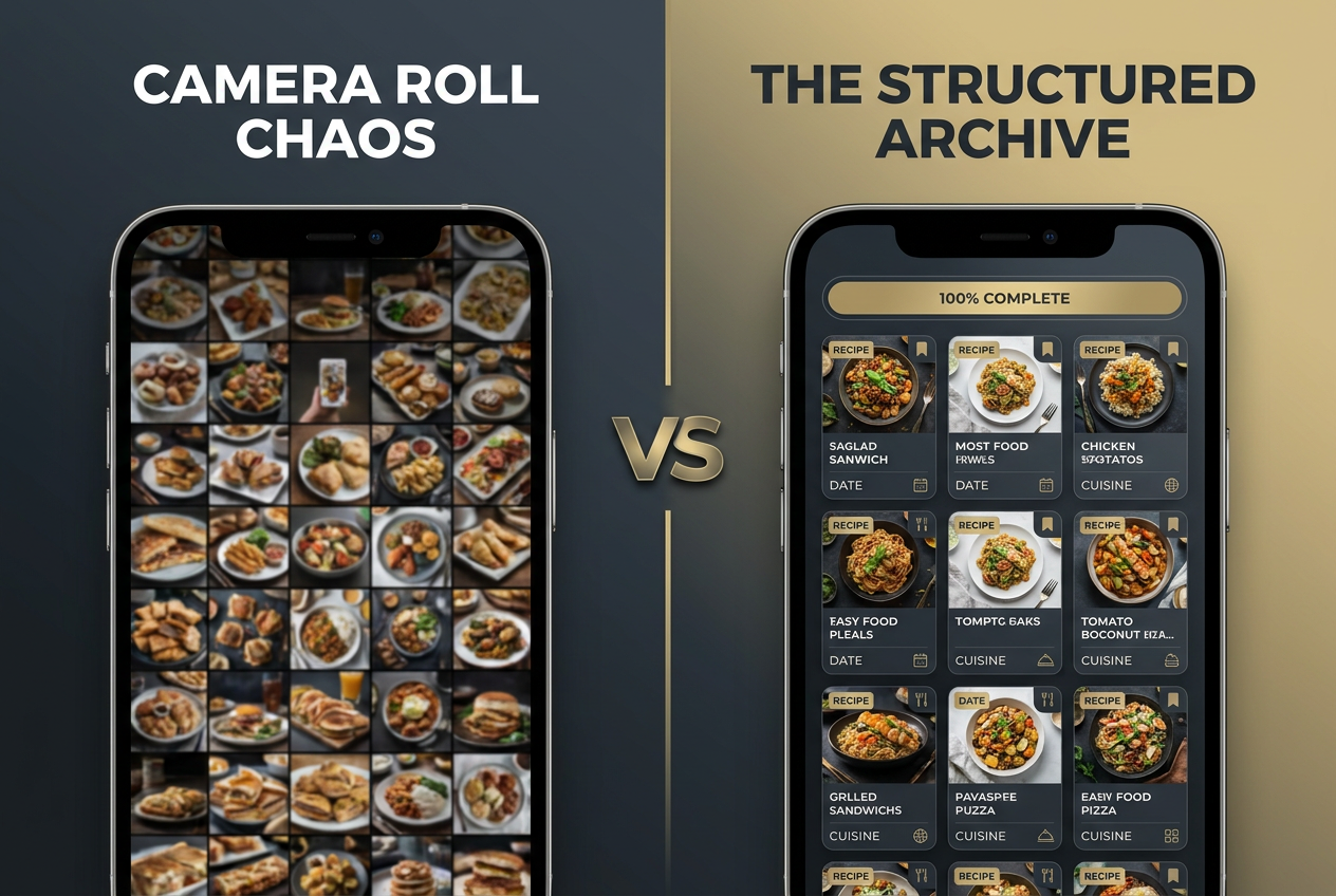Comparison between a messy smartphone camera roll and an organized food archive database for foodies who want to track restaurant memories.