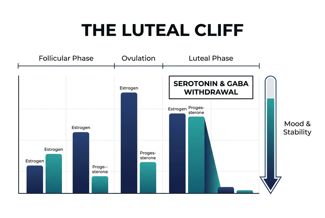 Infographic bar chart showing the sharp decline of estrogen and progesterone levels during the Luteal phase compared to earlier cycle phases.