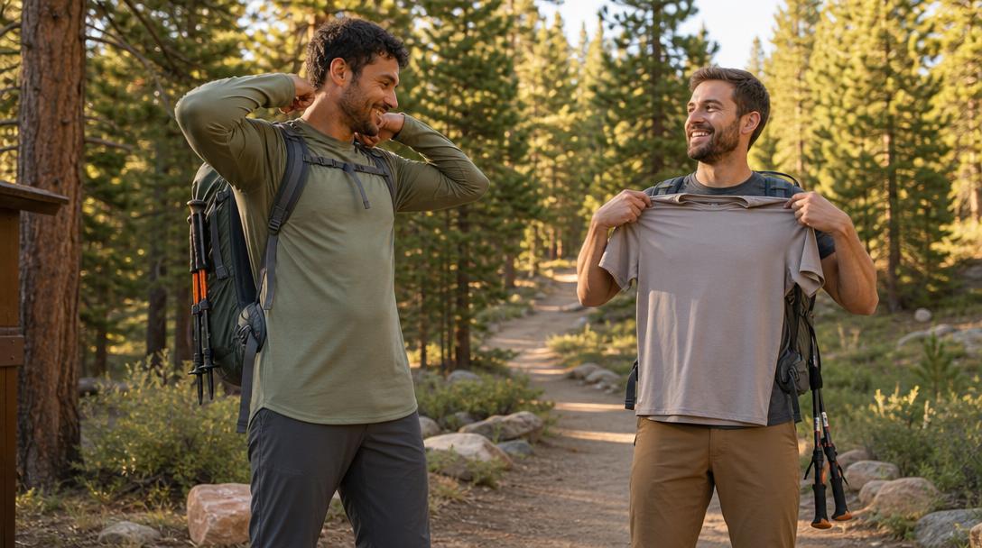 Tall man hiking wearing a long hiking shirt with backpack