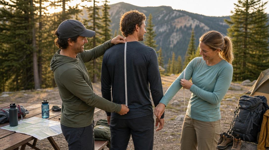 Man measuring torso with a tape measure for tall hiking shirt sizing