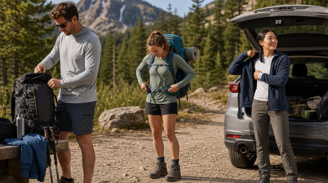 Assortment of hiking shirts suitable for tall men displayed outdoors