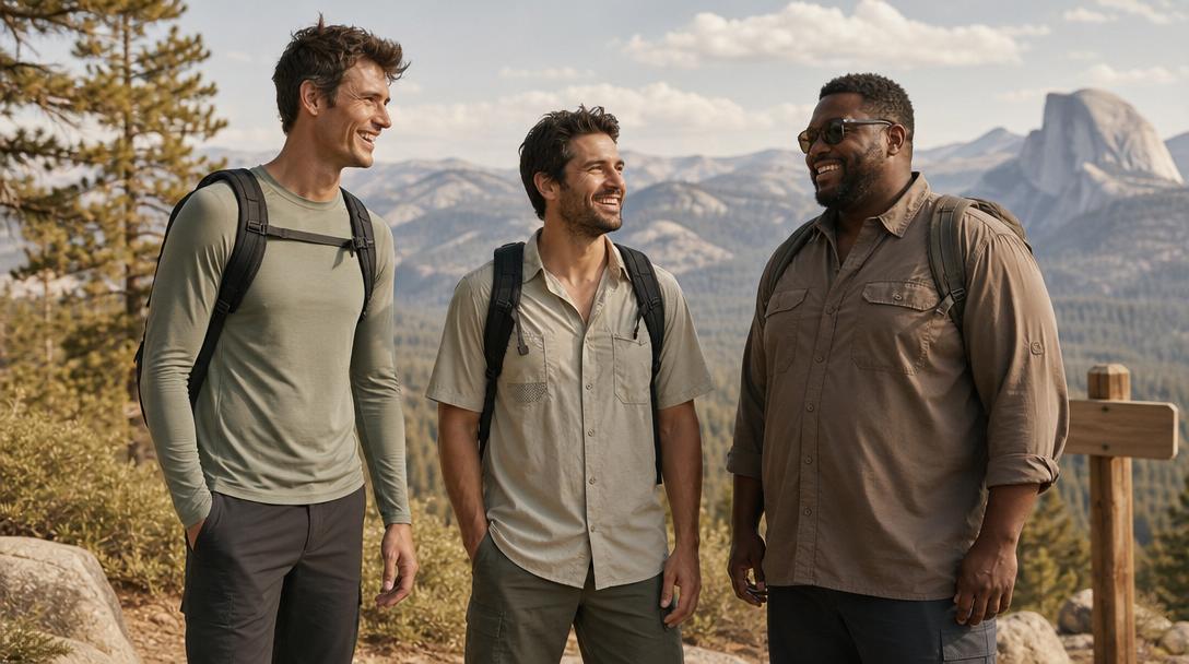 Tall man choosing the right fit for hiking shirts