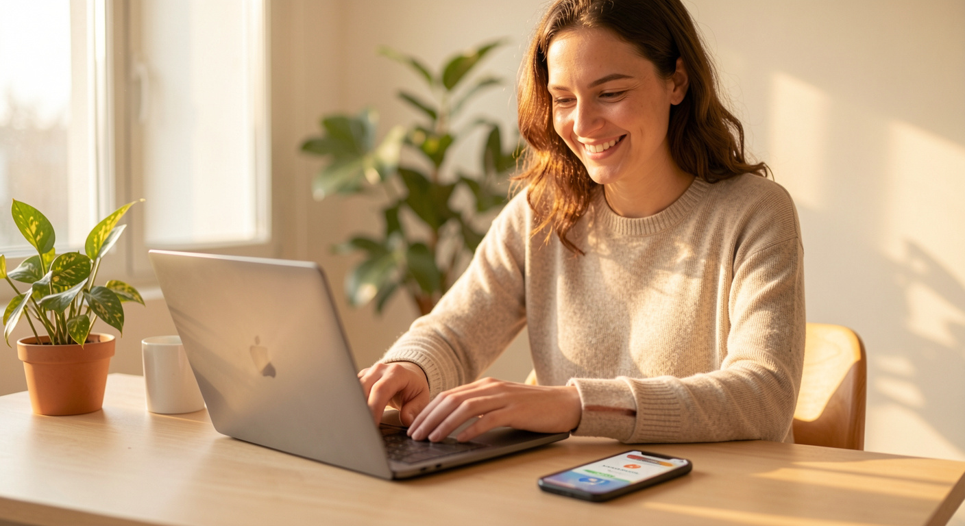 A freelancer at a clean desk celebrates logging a focus session streak on a minimal habit app, warm afternoon light streaming through the window