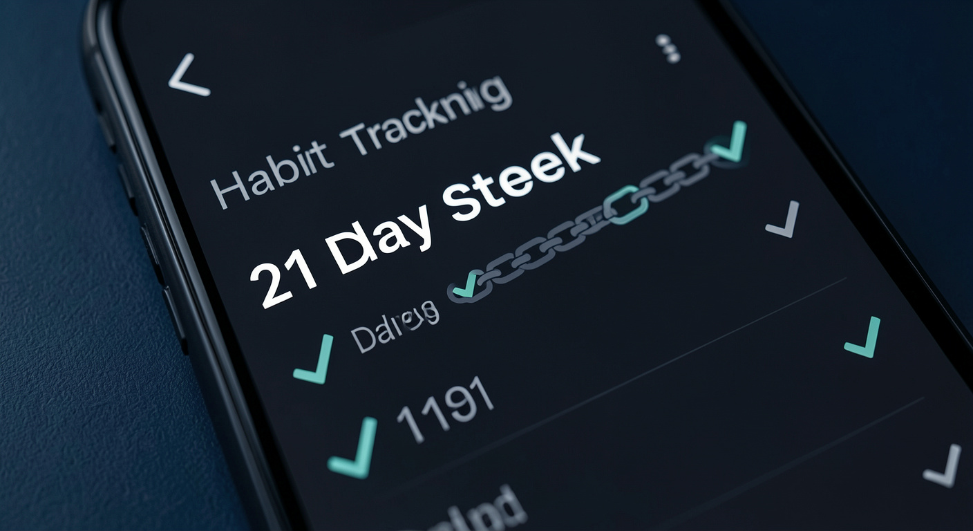 A close-up of a minimalist habit tracking app screen showing a 21-day streak counter with clean typography and a satisfying X-mark chain on a dark background