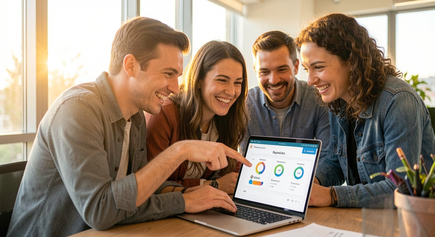 Small team gathered around a laptop reviewing a recognition dashboard together in a bright, airy office