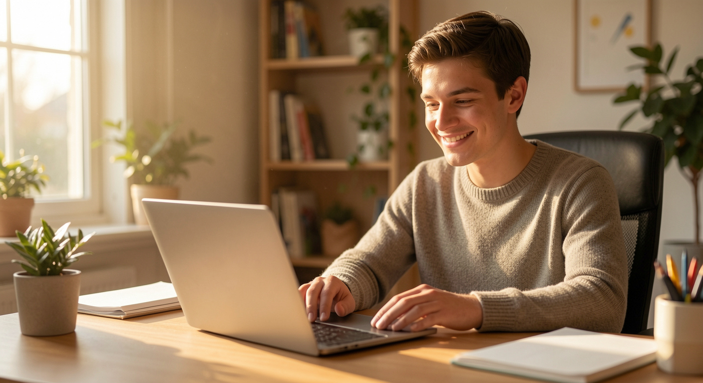 A coworker smiling reading a kind note on their laptop screen at their desk, warm afternoon light from a window beside them