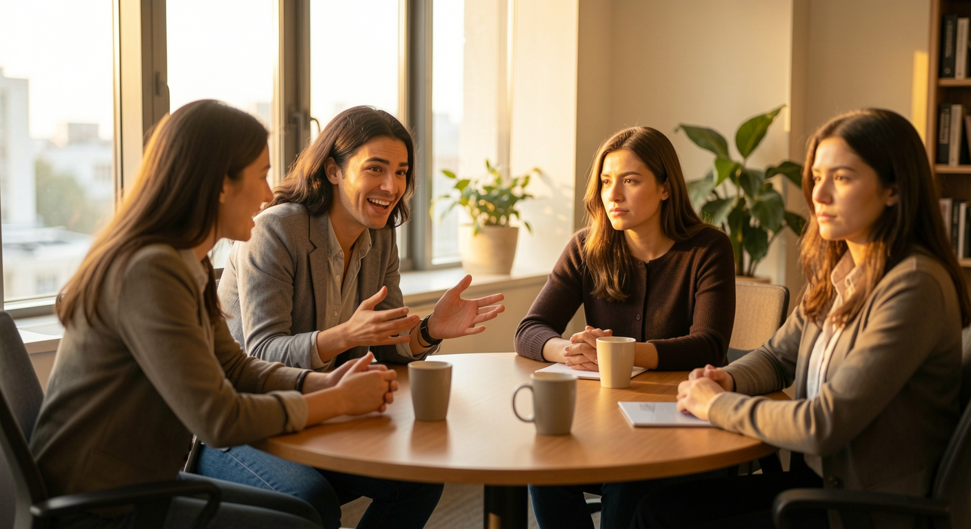 Team meeting with some engaged employees and others visibly quieter at a round table, showing the introvert-extrovert dynamic in group recognition moments