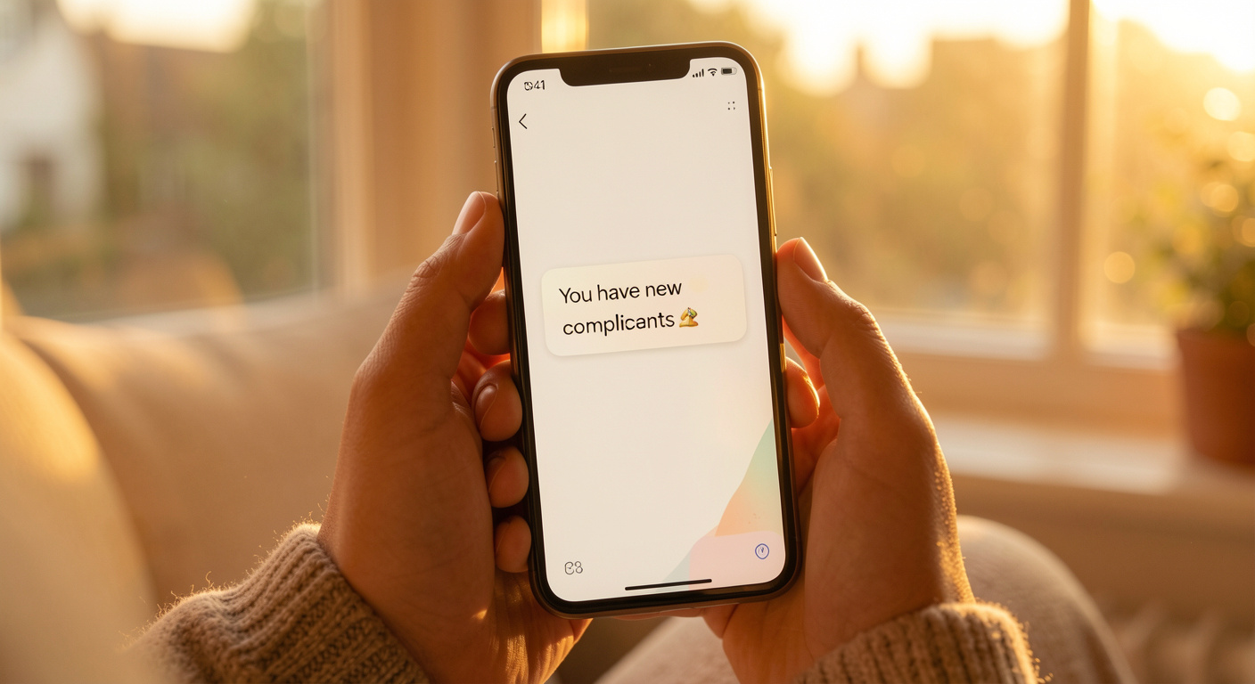 A smartphone screen showing a warm notification saying "You have new anonymous compliments" on a Friday afternoon, with soft golden light and a cozy desk background
