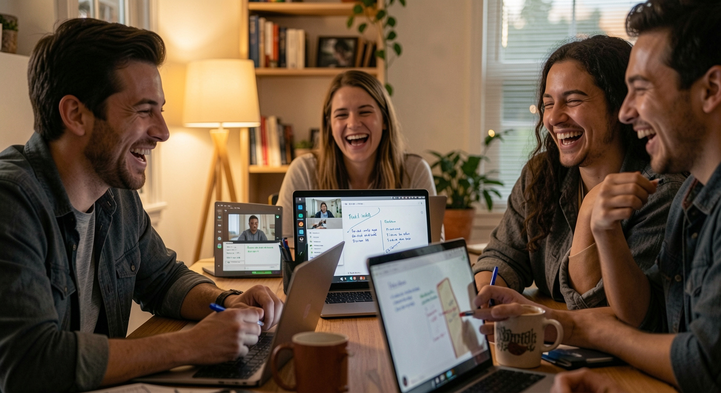 A small remote team on a Friday video call, smiling and sharing notes on screen, warm afternoon light through a home-office window