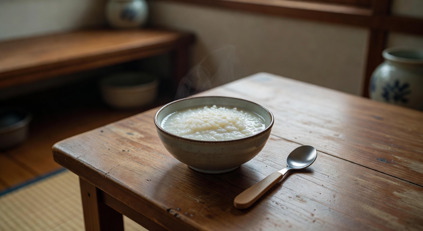 small ceramic bowl of smooth white rice porridge on a wooden table next to a baby spoon