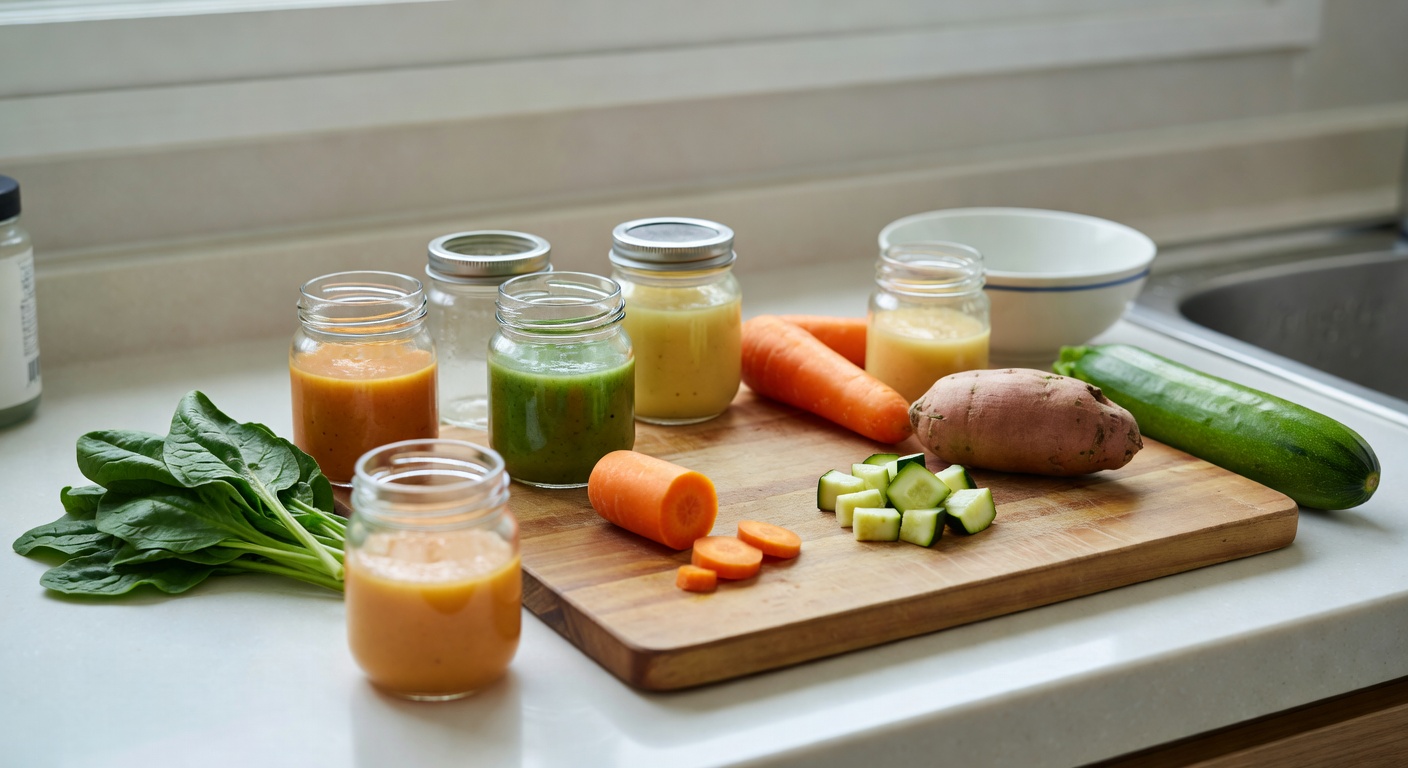 baby food preparation area with small glass jars, a wooden cutting board, and fresh vegetables on a kitchen counter