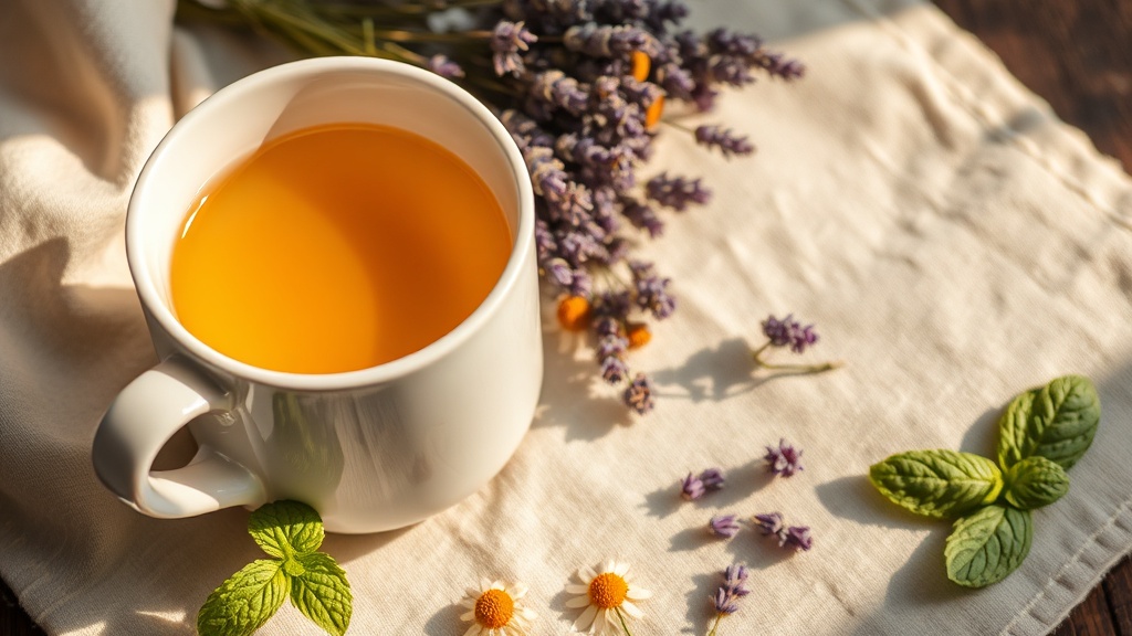 Tisane de fleurs séchées : camomille, lavande et menthe fraîche dans une tasse en céramique