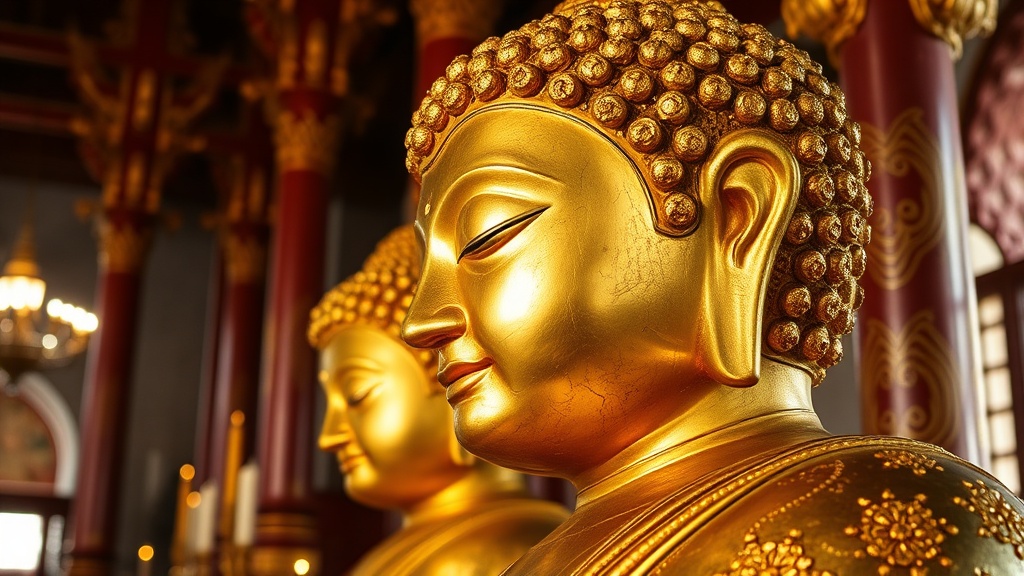 Statues de Bouddha recouvertes de feuilles d'or au temple Phaung Daw Oo, lac Inle Myanmar