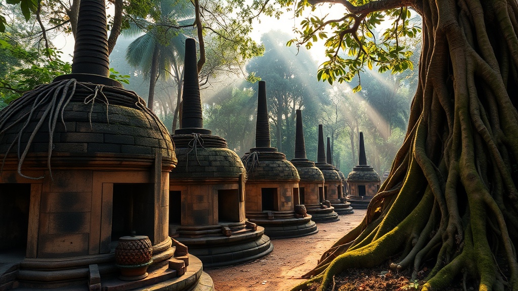 Stupas anciens envahis par la végétation au site d'Indein, lac Inle, État Shan Myanmar