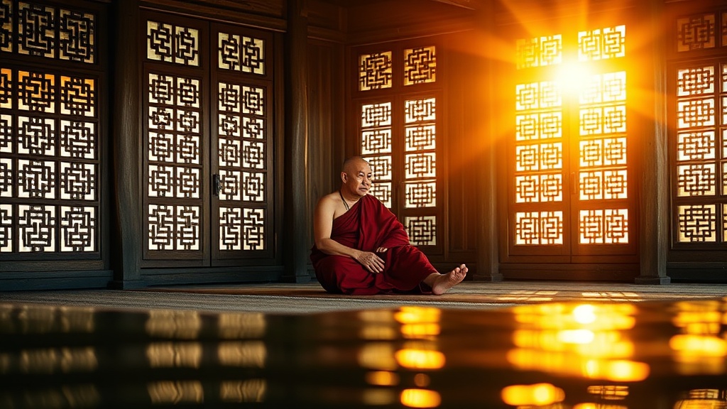 Moine bouddhiste dans un monastère en teck sur pilotis au-dessus du lac Inle, Myanmar