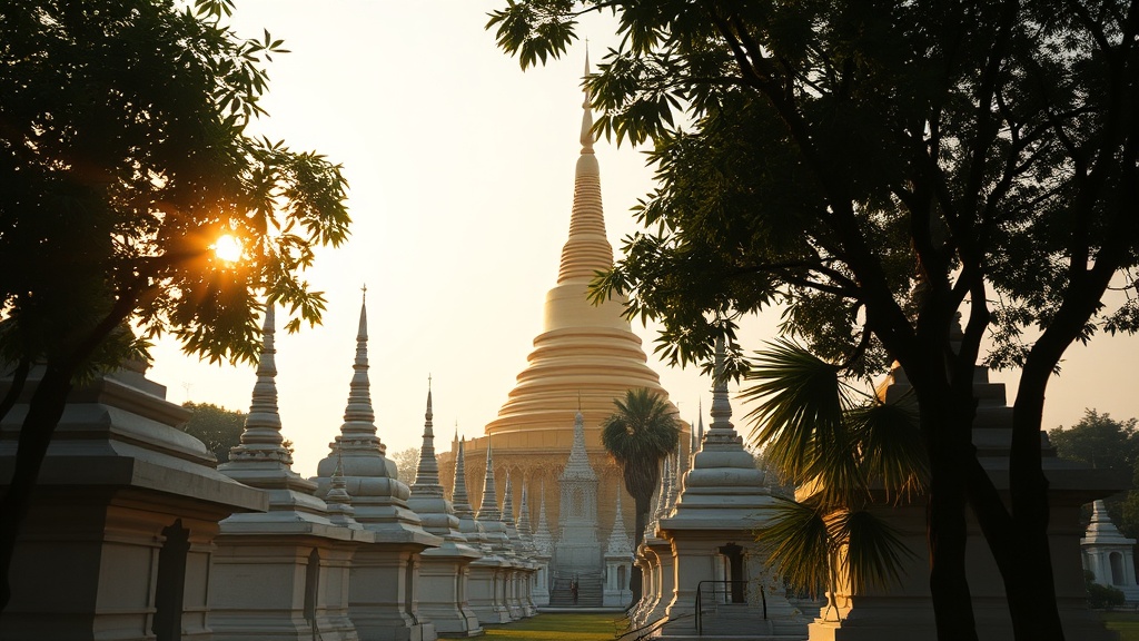 La stupa centrale dorée de la pagode Kuthodaw s'élève à 57 mètres au-dessus des édicules de marbre