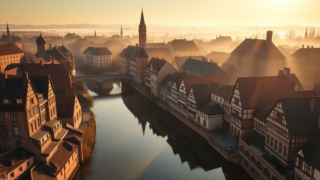 Vue aérienne du quartier de la Petite France à Strasbourg avec ses maisons à colombages au bord de l'Ill