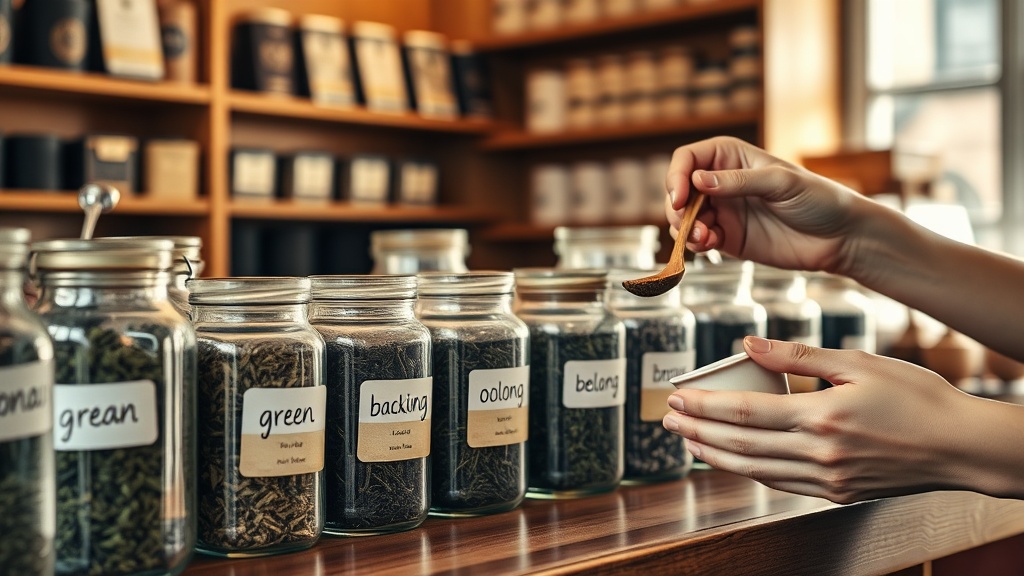 Bocaux de thés en vrac sur le comptoir d'une épicerie fine spécialisée en thé à Strasbourg