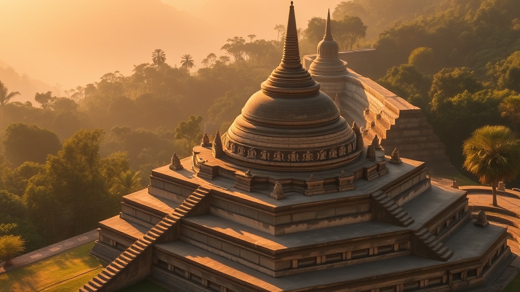 Vue extérieure des terrasses étagées du temple de Shitthaung entourées de végétation tropicale