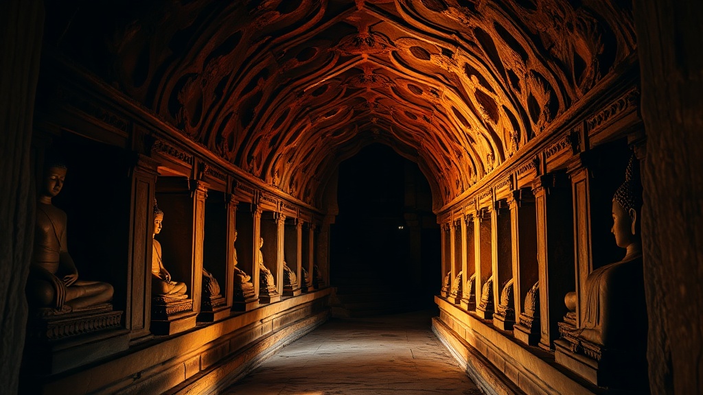 Corridor intérieur sculpté du temple de Shitthaung avec rangées de bouddhas en niches de grès