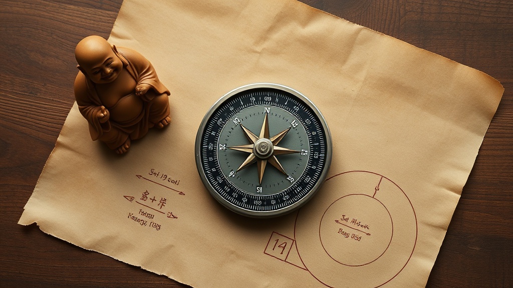 Feng shui luo pan compass beside a small Laughing Buddha figurine on a wooden surface