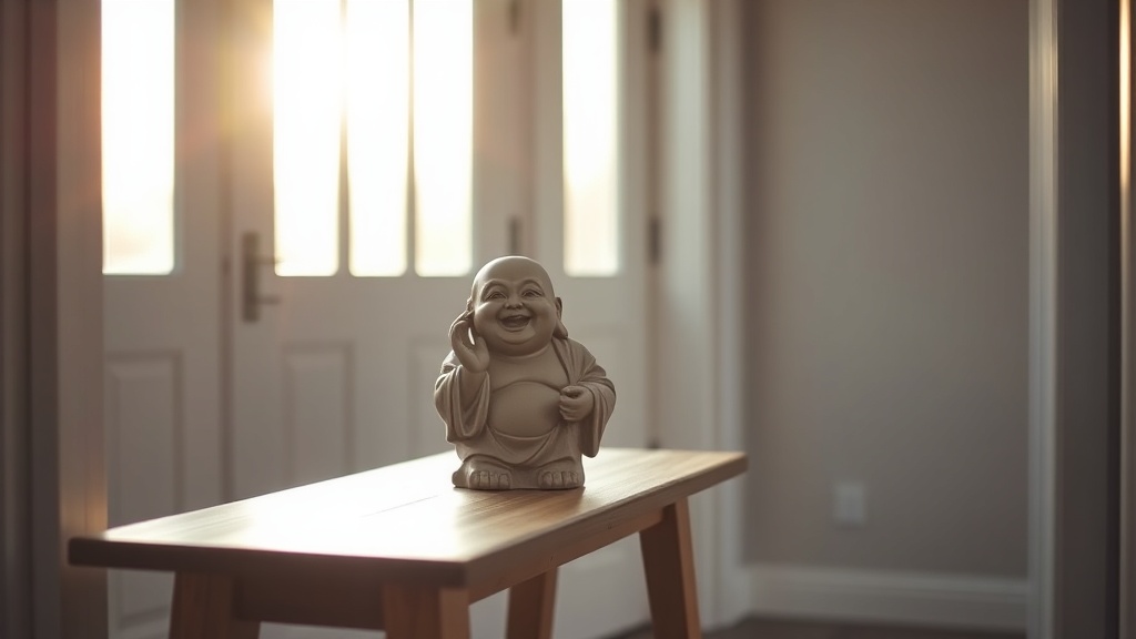 Laughing Buddha statue on a console table facing the front door of a home entryway