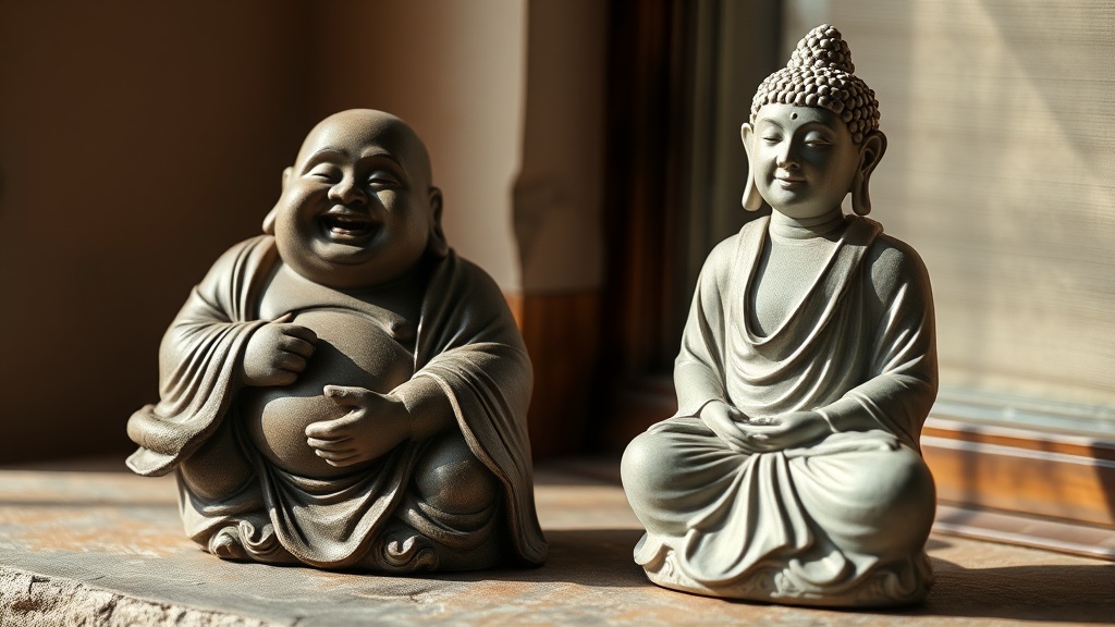 Two different Buddha statues side by side: Budai laughing figure and historical slim Buddha statue
