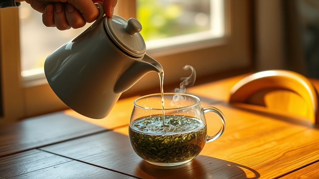 Infusion de thé vert dans une théière en verre avec eau versée à bonne température