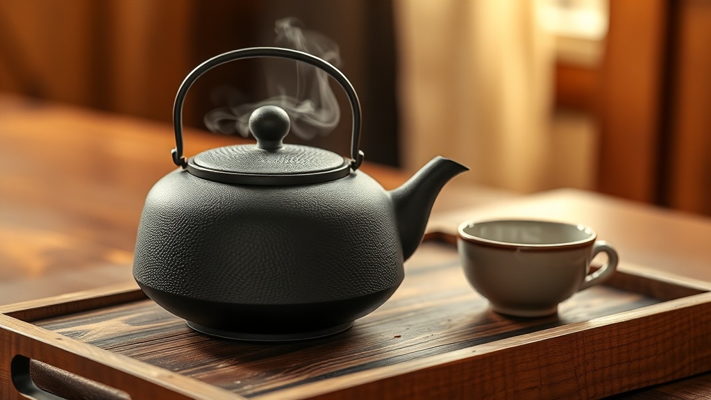 Théière en fonte japonaise posée sur un plateau en bois avec petite tasse de thé